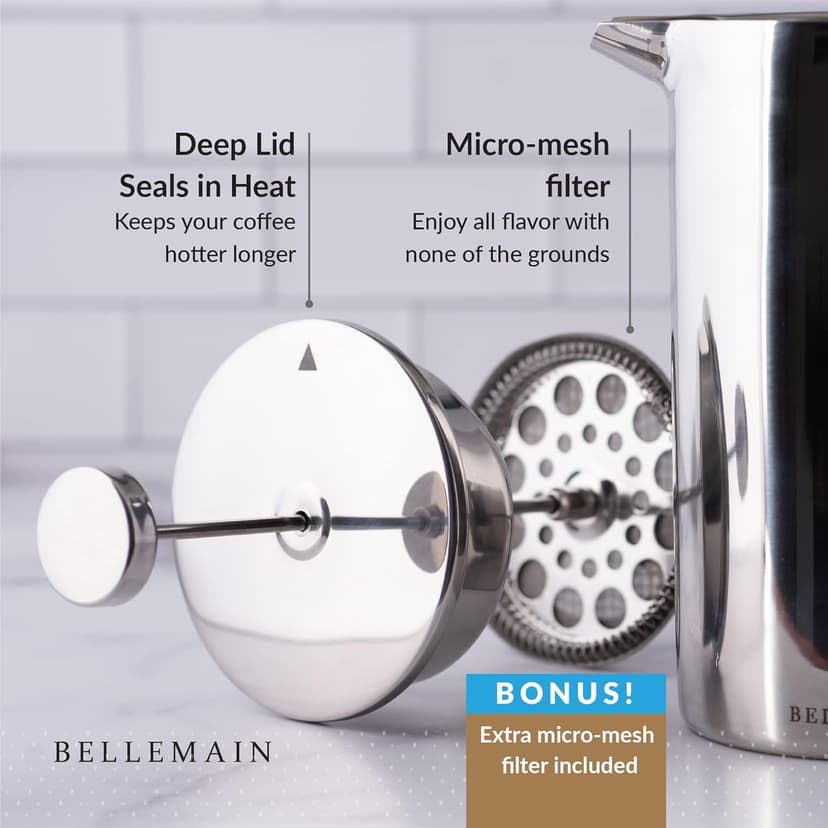 Bellemain French Press Coffee Maker Extra Filters Included, 35 oz, Stainless Steel