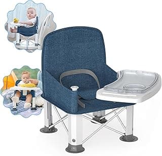 Baby Travel Booster Seat with Double Tray, BabyBond Upgraded Toddler Portable Baby Chair, Booster Seat for Dining Table, Stable and Foldable Booster Baby Chair for Indoor/Outdoor use (Denim Blue)