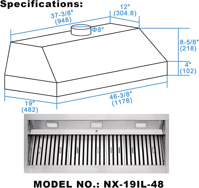 Akicon Range Hood Insert 48 Inch, 1200 CFM Built-in Kitchen Hood with 4 Speeds, Ultra-Quiet Stainless Steel Ducted Vent Hood Insert with Dimmable LED Lights and Dishwasher Safe Filters (Warm White)