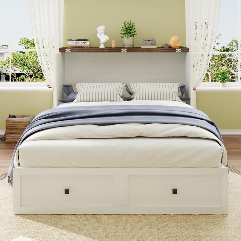 Queen Size Murphy Bed with Charging Station, Cabinet Bed with Large Storage Drawer for Home Office or Small Room, Hideaway Full Foldable Platform Bed, Barnwood+White