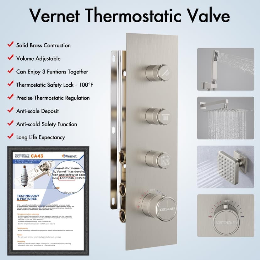 Shower Jets System, 12 Inch Thermostatic Rainfall Shower System with 6 Body Spray Jets (Can All Run Together) Full Body Spray Shower System, Shower Valve Included, Brushed Nicke