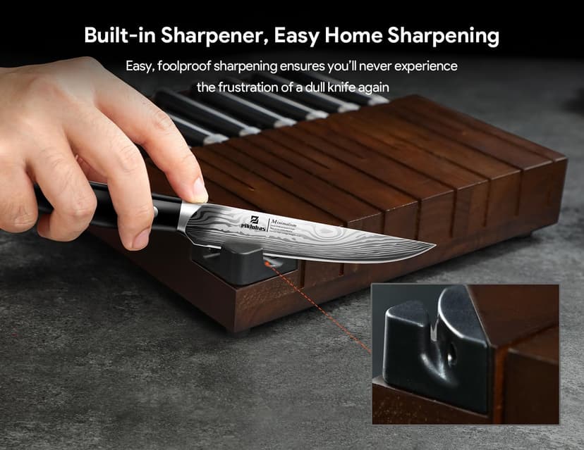 Steak Knives Set of 8 with Drawer Organizer Built-in Sharpener, 4.6 Inch Non Serrated Dinner Knife, Forged German Steel Damascus Pattern Straight Edge Meat Knife with Full Tang Handle, Black