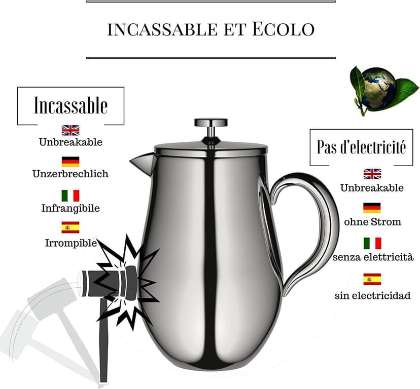 VeoHome - 1 Litre piston coffee maker - Unbreakable and keeps coffee hot for a long time thanks to its double stainless steel shell…