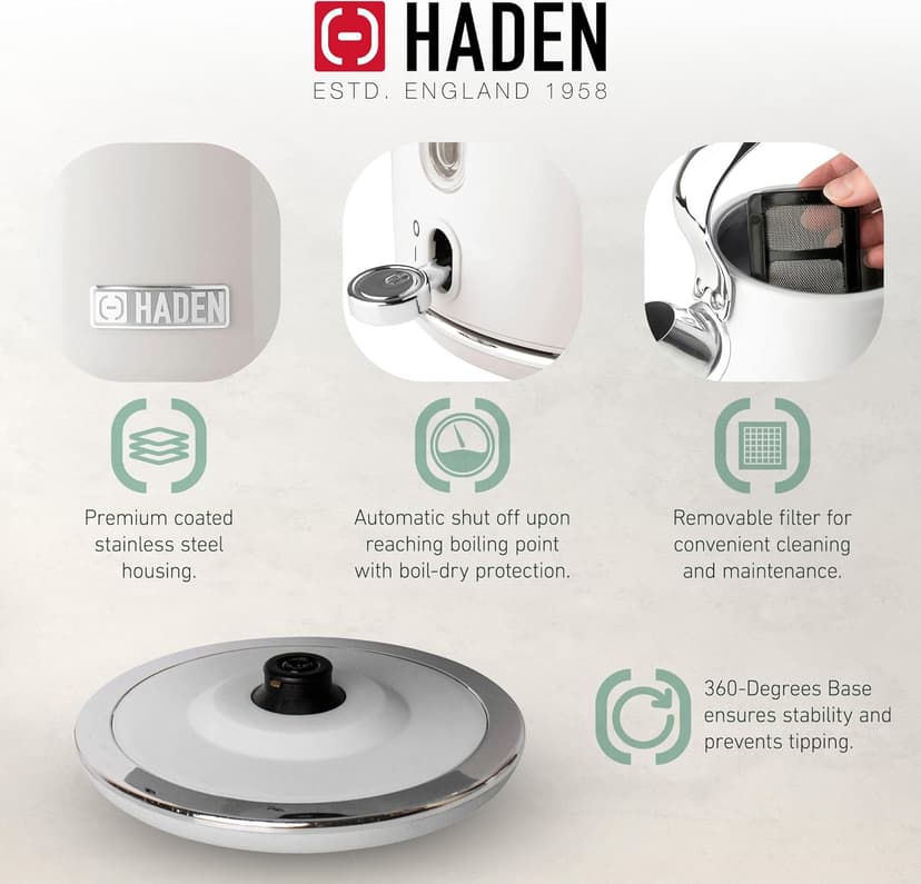 HADEN Heritage Stainless Steel Body Retro Electric Tea Kettle, White and Haden Heritage 4 Slice Wide Slot Stainless Steel Retro Toaster, White