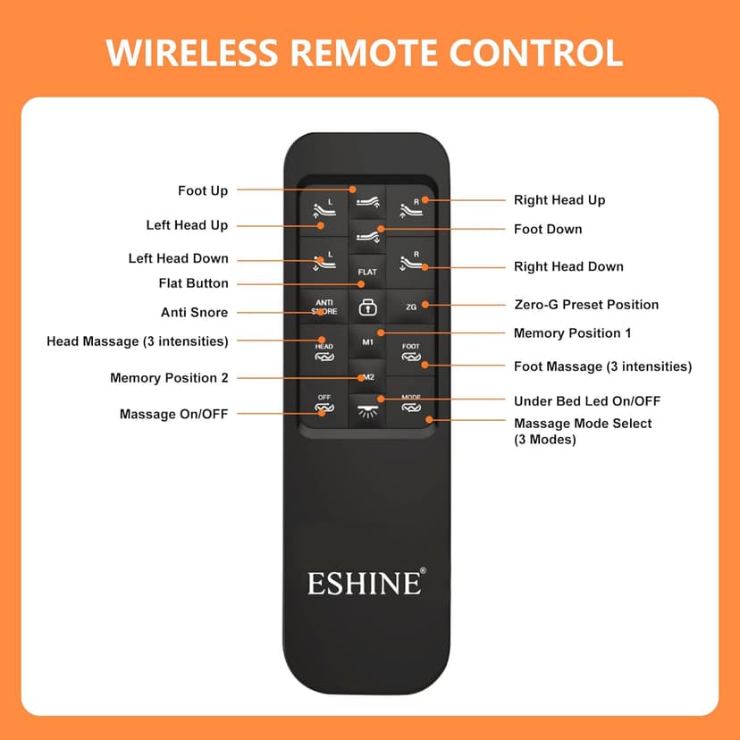ESHINE Split Queen Adjustable Bed Frame with Mattress - 14" Gel Memory Foam Mattress, USB Ports, Underbed Night Light, Head and Foot Incline, Top Split Queen, Orange