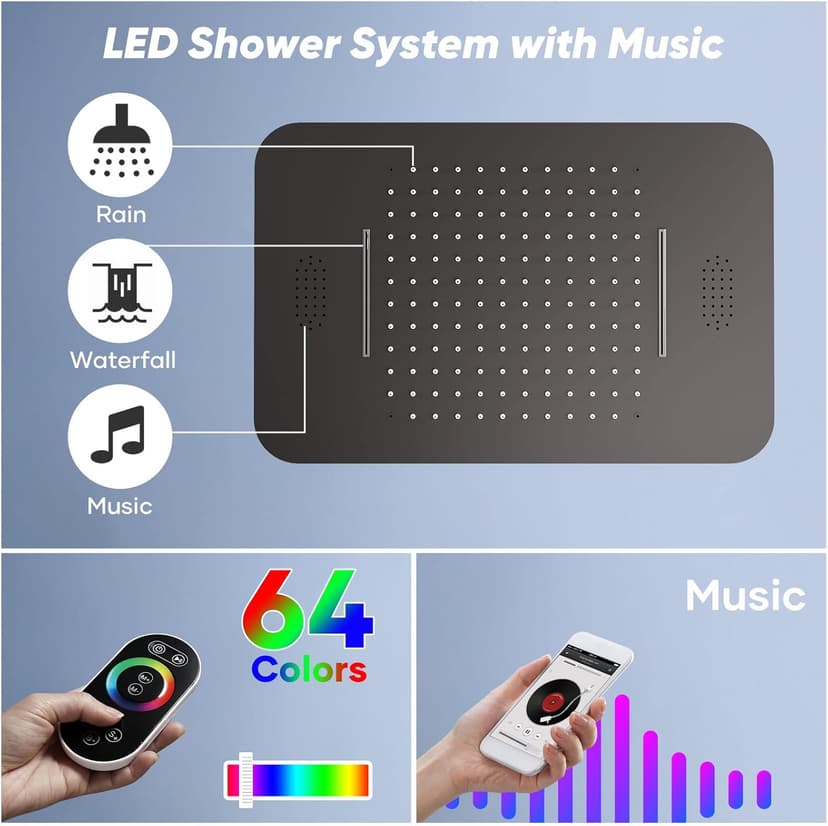 Thermostatic Shower System, Full Body shower syetem with Body Jets, 23 Inch Rainfall Waterfall Overhead Shower System in Matte Black