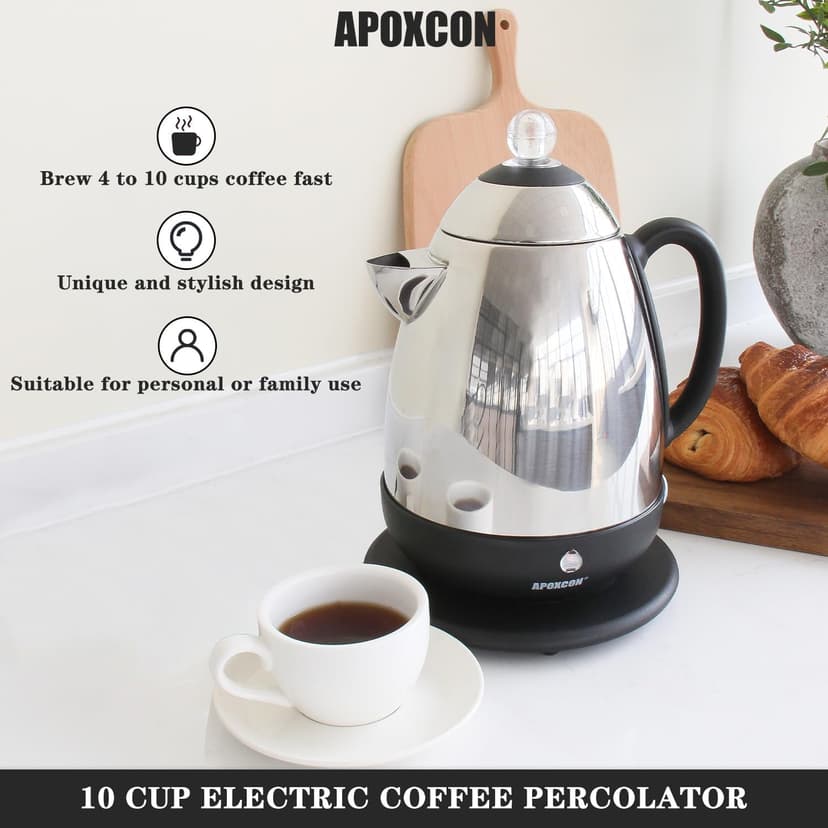 Electric Coffee Percolator Stainless Steel Coffee Maker with Clear Brew Progress Knob and No-Drip Spout Auto Keep Warm & Cordless Serving Coffee pot with On/OFF Switch Fast Brew (10 Cup)