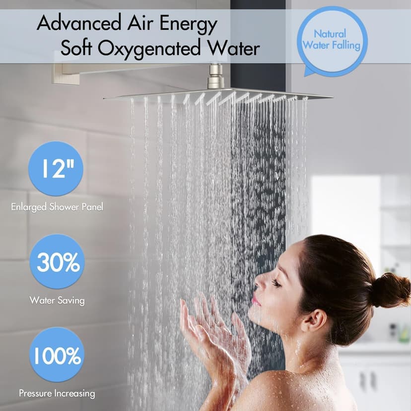 Shower Jets System, 12 Inch Thermostatic Rainfall Shower System with 6 Body Spray Jets (Can All Run Together) Full Body Spray Shower System, Shower Valve Included, Brushed Nicke