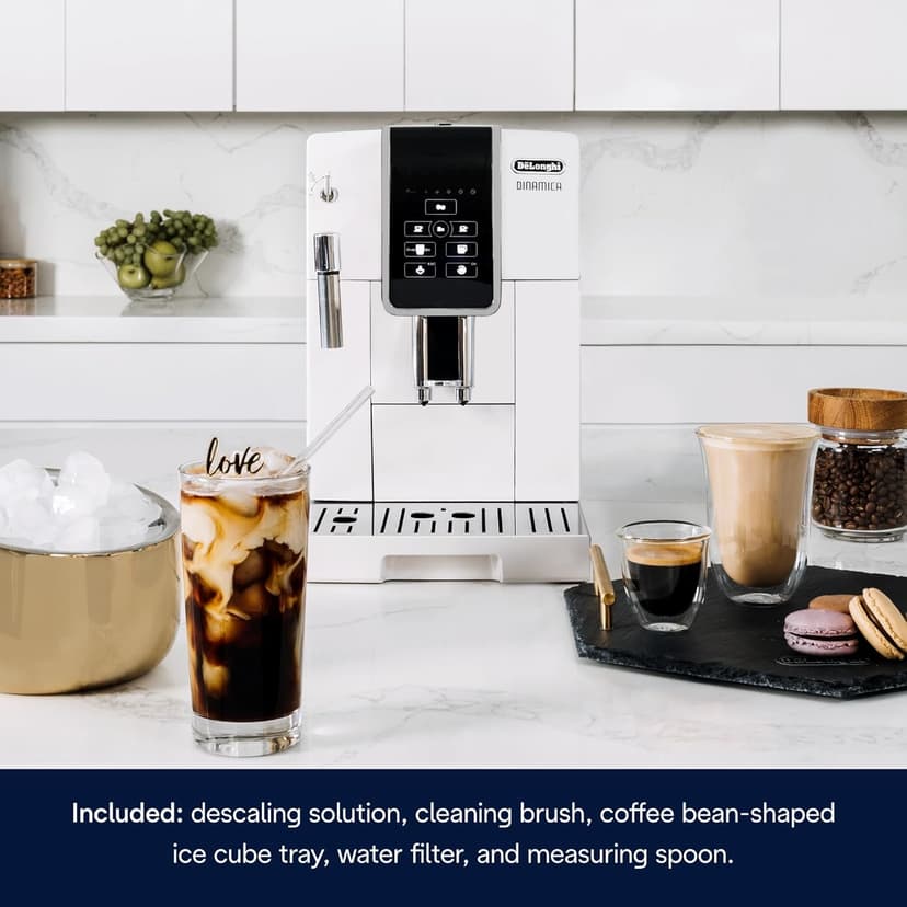 De'Longhi Dinamica Espresso Machine, White - Automatic Bean-to-Cup Brewing, Built-In Steel Burr Grinder & Manual Frother - One-Touch Hot & Iced Coffee - Easy Cleanup
