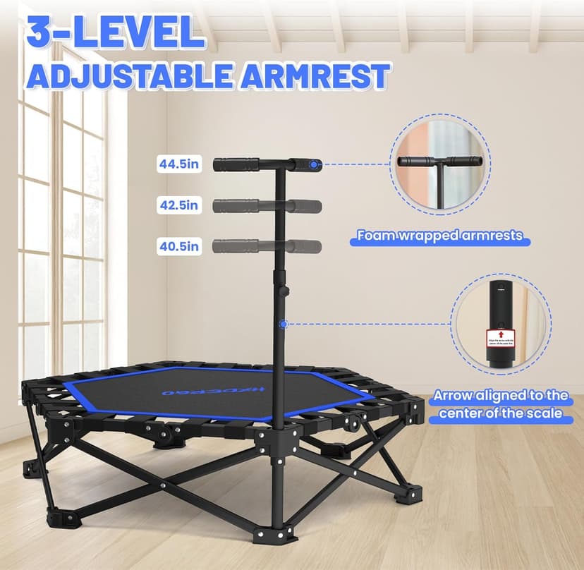 Foldable Mini Trampoline, Rebounder Trampoline with Adjustable Foam Handle, Fitness Trampoline for Indoor, Outdoor, Home Gym, Max Load 460lbs
