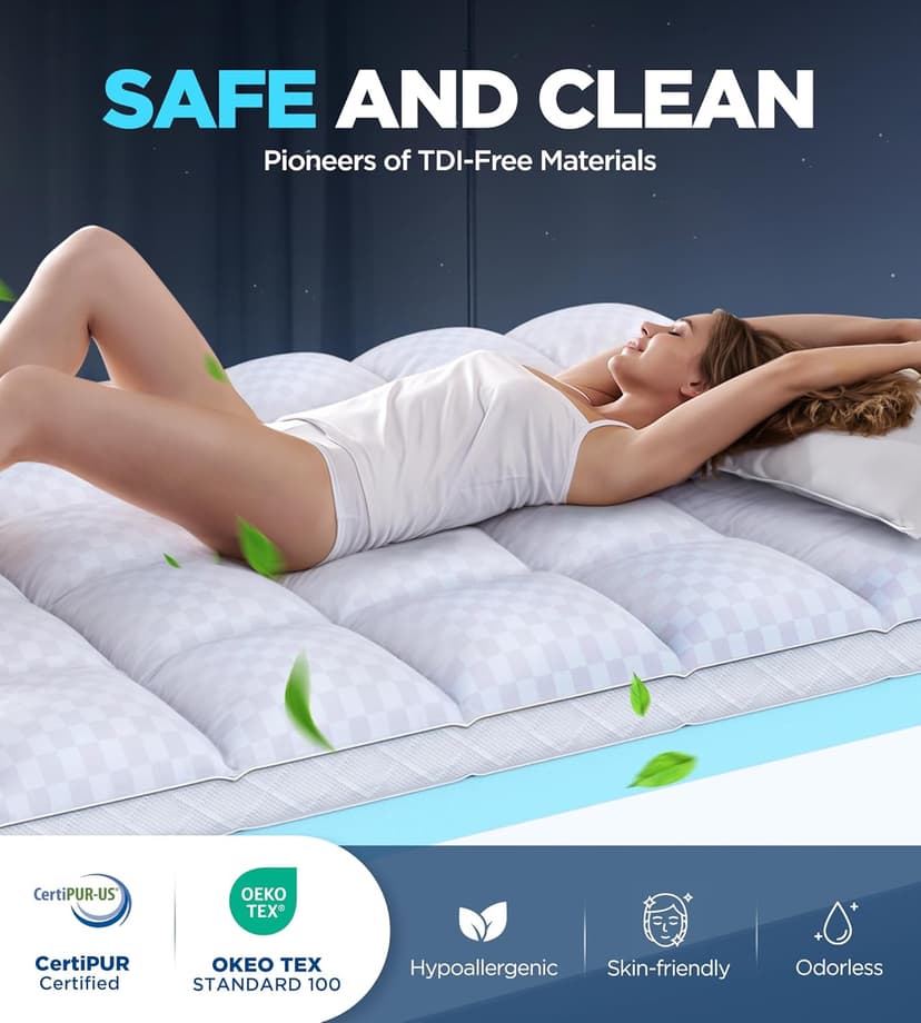 Dual Layer Memory Foam Mattress Topper for Pain Relief with 2X Support, 2" Fluffy Pillow Top Queen Mattress Topper Plus 2" Odor-Free Cooling Gel Memory Foam Ultra Comfort Mattress Pad Cover