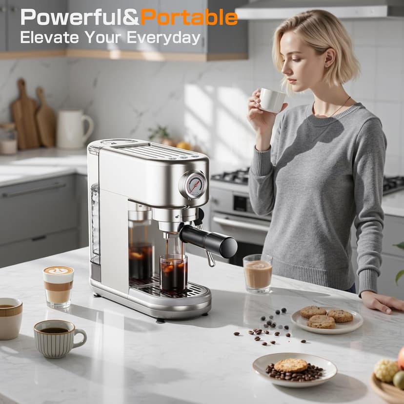 Espresso Machine Upgrade, 20 Bar Compact Espresso Coffee Machine with Milk Frother, Stainless Steel Coffee Maker with 44oz Removable Water Tank & Fast Heat System for Cappuccino, Latte