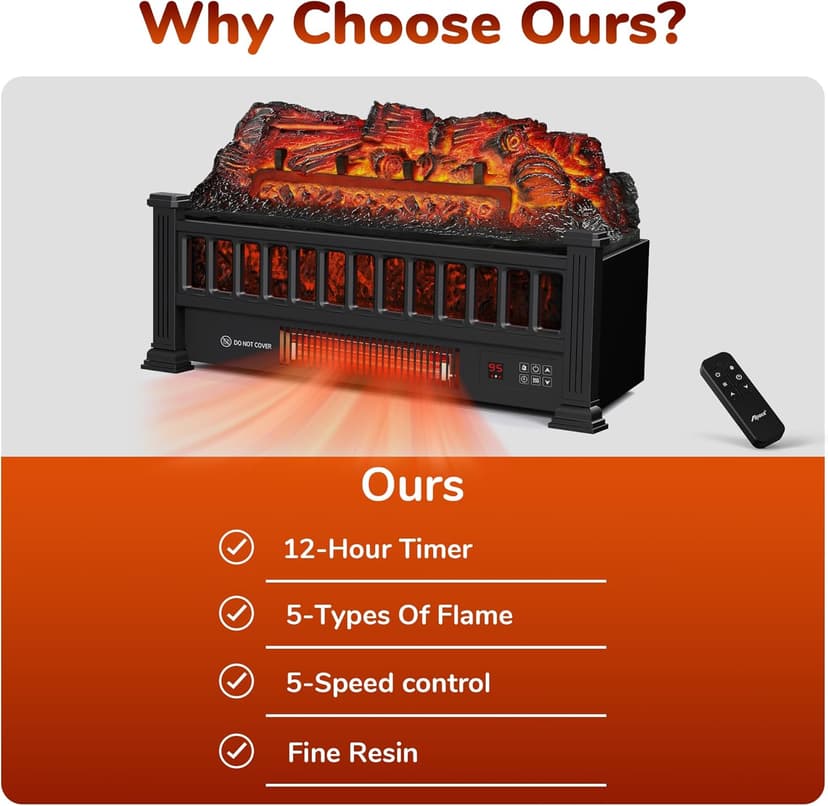 Electric Fireplace Logs 20-Inch, Remote Controller Fireplace Insert Log Heater, Adjustable Flame Colors, Realistic Fake firewood Flame, Overheat Protection, Timer, Thermostat, 1500W Black