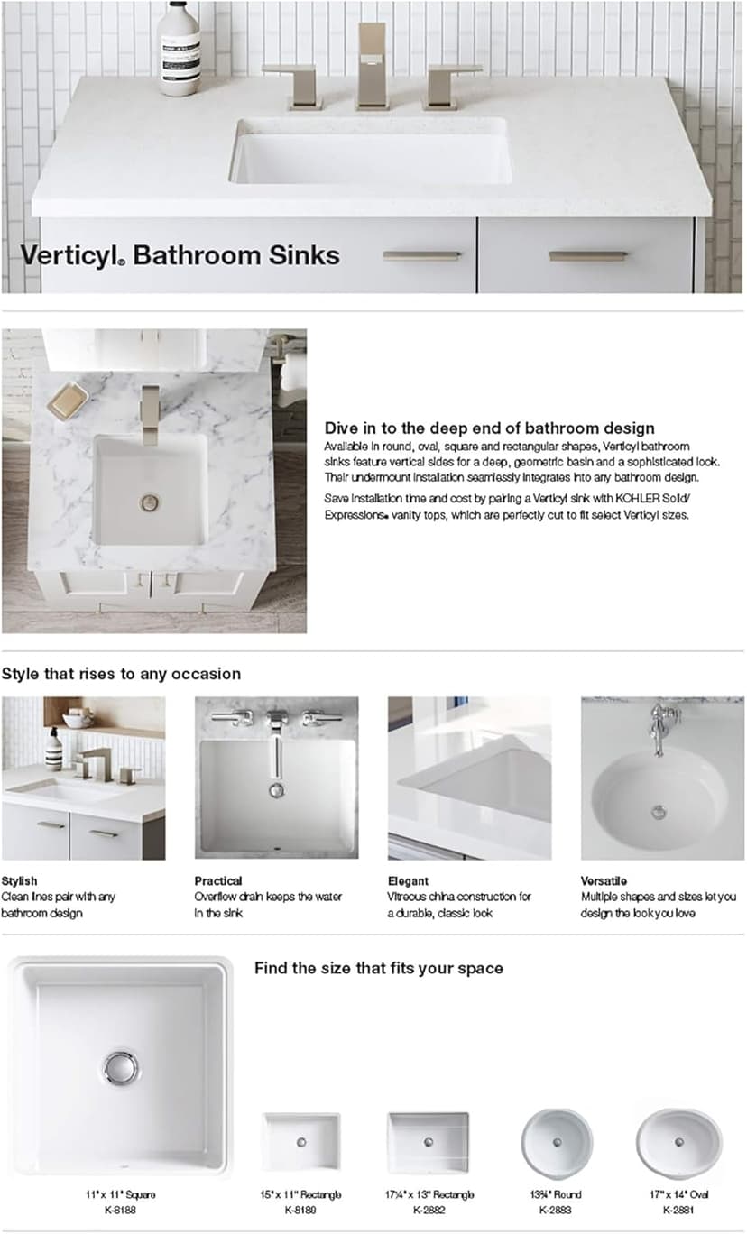 KOHLER Verticyl 17" Rectangular Undermount Bathroom Sink, White, Overflow Drain, Undermount Installation