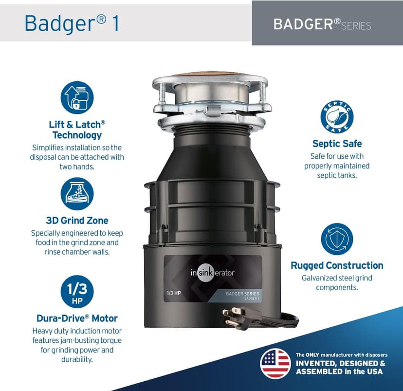 InSinkErator Garbage Disposal with Power Cord, Badger 1, Standard Series, 1/3 HP Continuous Feed, Black