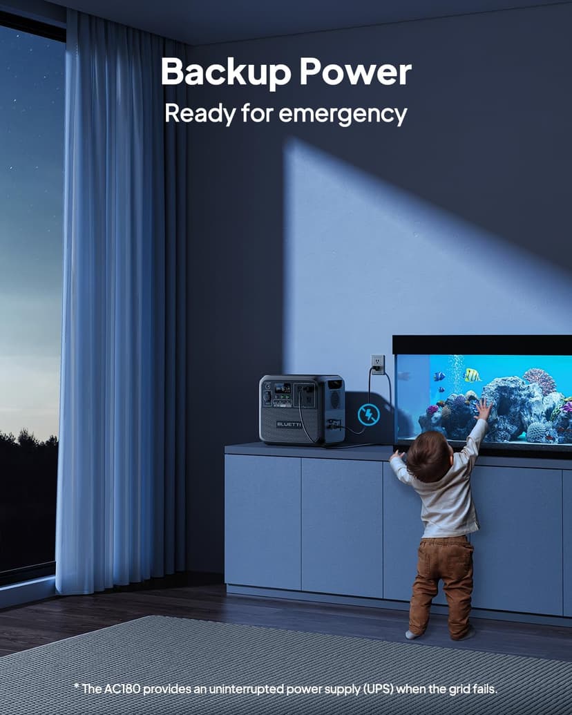 BLUETTI Solar Generator AC180, 1152Wh LiFePO4 Battery Backup w/ 4 1800W (2700W peak) AC Outlets, 0-80% in 45Min, for Camping, Off-grid, Power Outage