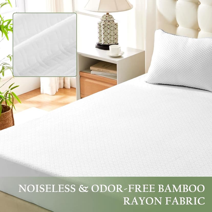 100% Waterproof Queen Mattress Protector, Breathable Bamboo Rayon Mattress Cover with 8”-21” Deep Pocket, Noiseless Cool 3D Air Mattress Cover, Hypoallergenic & Odor Resistant