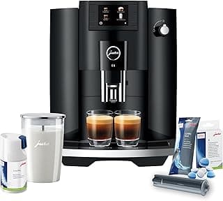 Jura 15622 E6 Automatic, Cost-Efficient Espresso Machine with Easy Cappuccino Function (Piano Black) Bundle with Milk Container, Cleaning Tablets, Filter Cartridge, and Milk System Cleaner (5 Items)