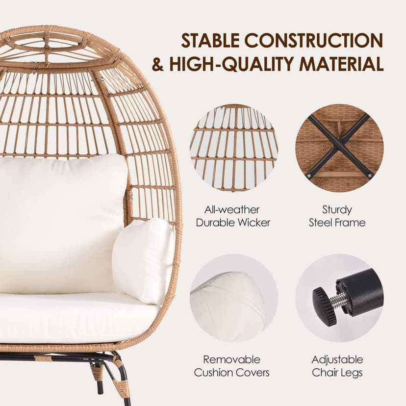 Oversized Wicker Egg Chair Set of 2, Outdoor Indoor Lounger with 4 Cushions, 440lb Capacity, Egg Basket Chair for Living Room, Backyard, Balcony, Patio, Beige
