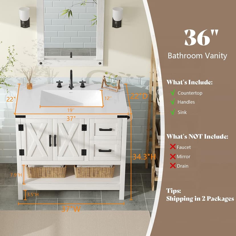 AMERLIFE 36" Farmhouse Bathroom Vanity with Sink Combo, Wood Barn Door Freestanding Small Single Bath Storage Cabinet Set with Sliding Drawers & Open Shelf, Paper Towel Holder, Antique White