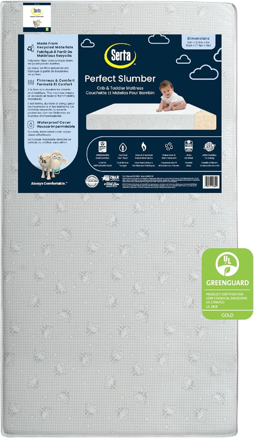 Serta Perfect Slumber Dual Sided Crib and Toddler Mattress - Waterproof - Hypoallergenic - Premium Sustainably Sourced Fiber Core -GREENGUARD Gold Certified (Non-Toxic) -7 Year Warranty - Made in USA