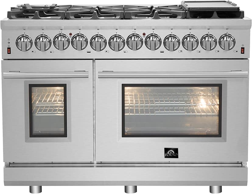 Forno Massimo 48" Freestanding Dual Fuel Range with 8 Sealed Burners 107,000 BTU, Wok Support & Griddle, 6.58 cu.ft. Oven - Modern Design Fuel Range with Pro-Style Handle and Zinc Coated Metal Knobs