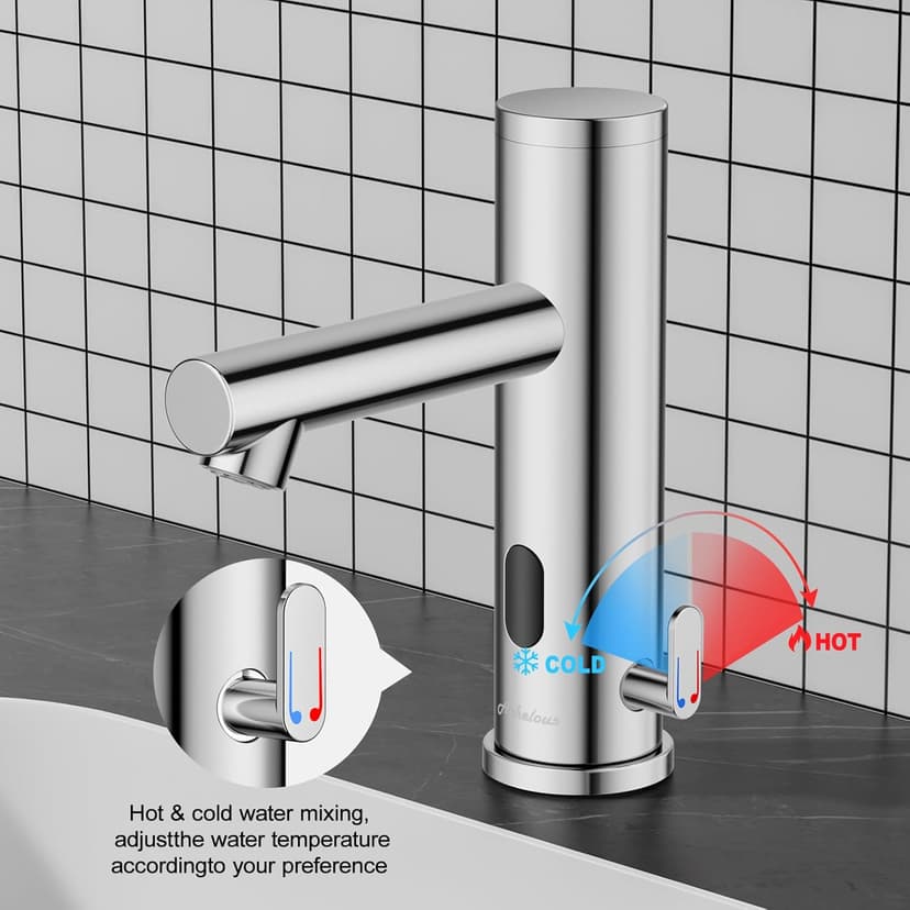 Achelous Automatic Touchless Bathroom Sink Faucet with Deck Plate,Hands Free Infrared Sensor Basin Faucet with Temperature Control, Battery Powered Sensor Bathroom Tap,Chrome