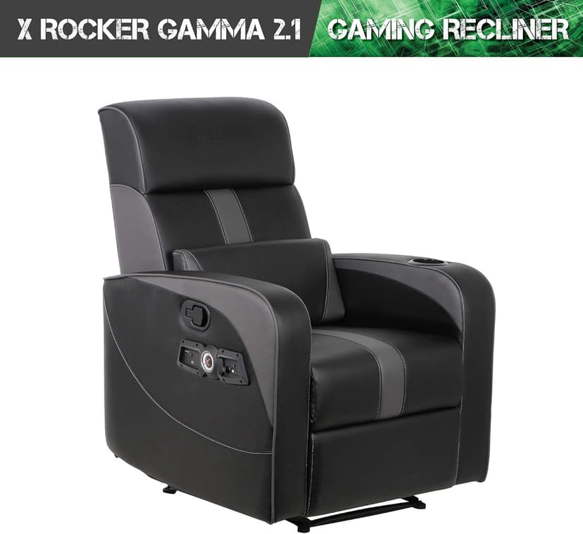 X Rocker Gamma Recliner Gaming Chair, 2.1 Bluetooth Audio System, Headrest Mounted Speakers, Built-in Footrest and Cupholder, 718001, 34.84" x 39.37" x 30.31", Black