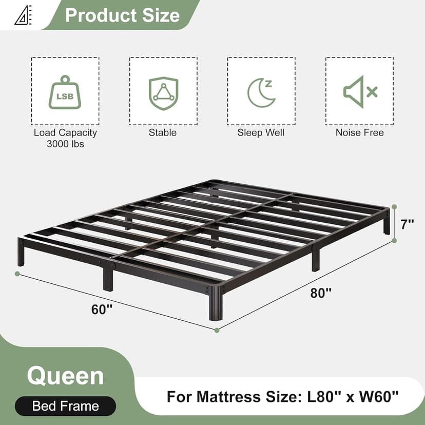 7 Inch Low Queen Bed Frame with Rounded Corner Legs, 2000 LBS Heavy Duty Metal Slats Support Queen Platform Bed Frame No Box Spring Needed, Easy Assembly, Black