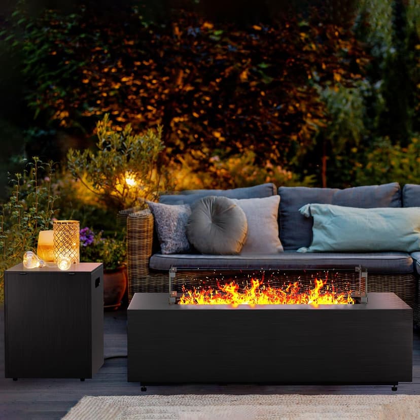 42” Rectangular Fire Pit Tables 2-Piece 50,000 BTU Outdoor Propane Gas Fire Pit with Wind Guard, Waterproof Cover, Lava Rocks for Outside Patio Backyard