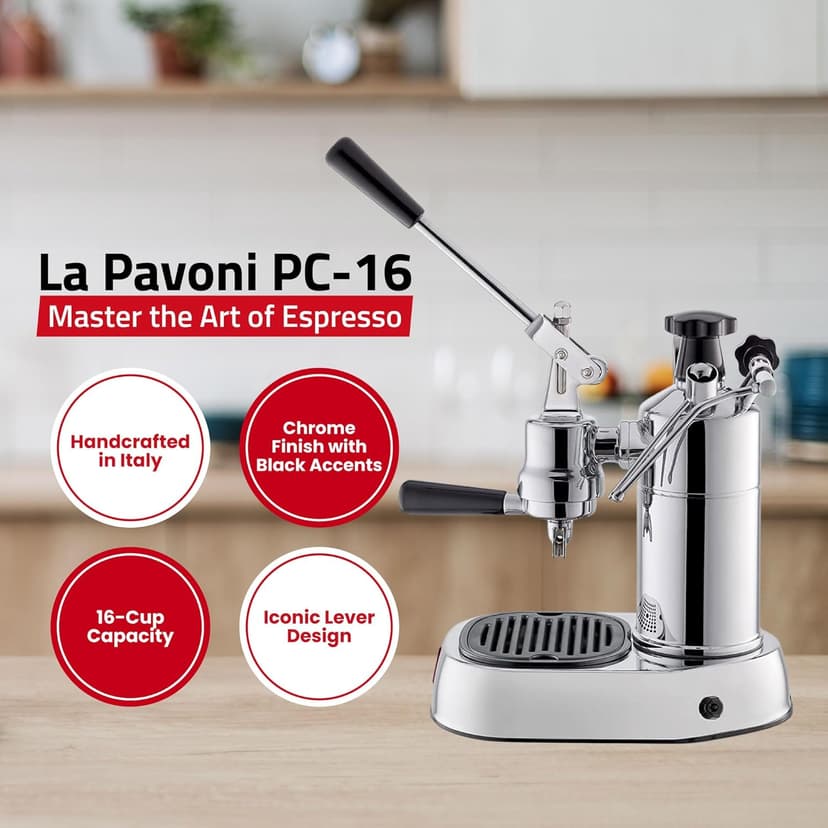 La Pavoni PC-16 Professional Espresso Machine - 16-Cup Capacity Lever Espresso Maker - Chrome Finish- Solid Brass 38oz Boiler - Dual Frothing Systems & Mounted Pressure Gauge - Made in Italy
