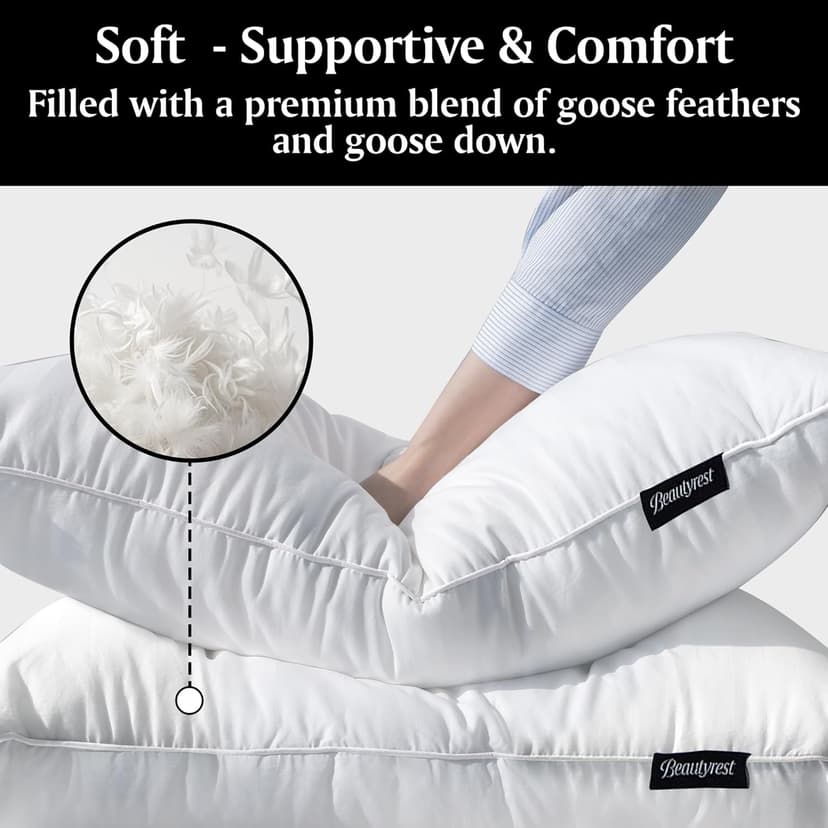 Beautyrest Luxury Goose Feathers Soft Pillows, 500 Thread Count Cotton Cover 20”x36”, King (Pack of 2), Supportive Fluffy Hotel Collection Bed Pillows for Side and Back Sleepers