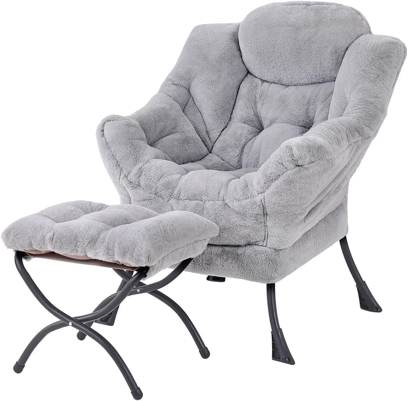 Welnow Lazy Chair with Ottoman, Modern Lounge Accent Chair with Armrests and a Side Pocket, Leisure Sofa Armchair, Reading Armchair with Footrest for Small Space, Plush Grey
