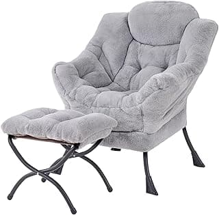 Welnow Lazy Chair with Ottoman, Modern Lounge Accent Chair with Armrests and a Side Pocket, Leisure Sofa Armchair, Reading Armchair with Footrest for Small Space, Plush Grey