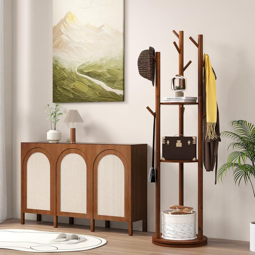 Tangkula Coat Rack Freestanding, Rotary Wooden Coat Tree with 3 Display Storage Shelves & 9 Hooks for Coats, Scarves, Hats & Bags, 66 Inches Coat Hanger Stand for Entryway, Bedroom, Office (Walnut)
