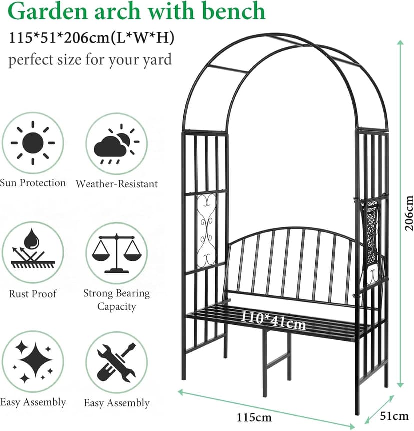 Garden Arch Heavy Duty (Holds 660lbs-250kg) | Metal Arbor Archway for Climbing Plant & Two People Seat Bench |Outdoor Lawn Backyard Decor 81 x 45.3 x 20 in - Black