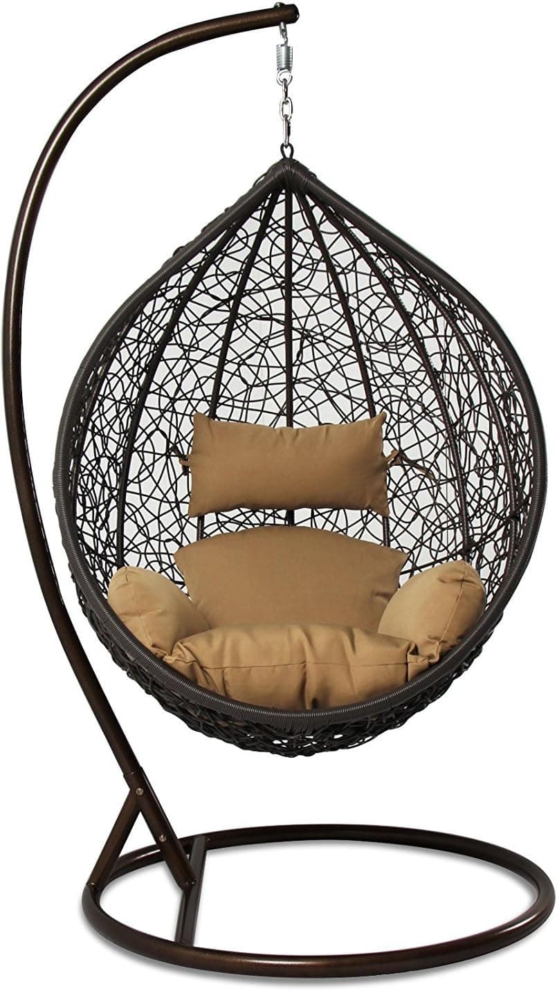 Island Gale Hanging Basket Chair Outdoor Front Porch Furniture with Stand and Cushion (Brown Wicker, Beige Cushion)