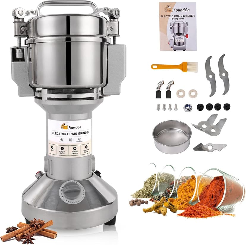 FoundGo Electric Grain Mill 10.6oz/300g Commercial Grain Grinder Stainless Steel Powder Grinding Machine 25,000rpm Pulverizer for Spice/Coffee/Flour/Pepper/Herb Superfine (300g, Standing)