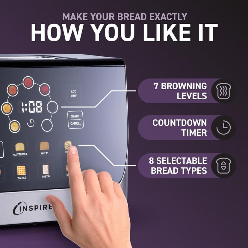 Inspirex Touch Screen Display Smart Toaster, 2 Slice with 8 Bread Type and 7 Browning Modes, Automatic Lowering and Raising, Digital Countdown, Modern Style, Stainless Steel