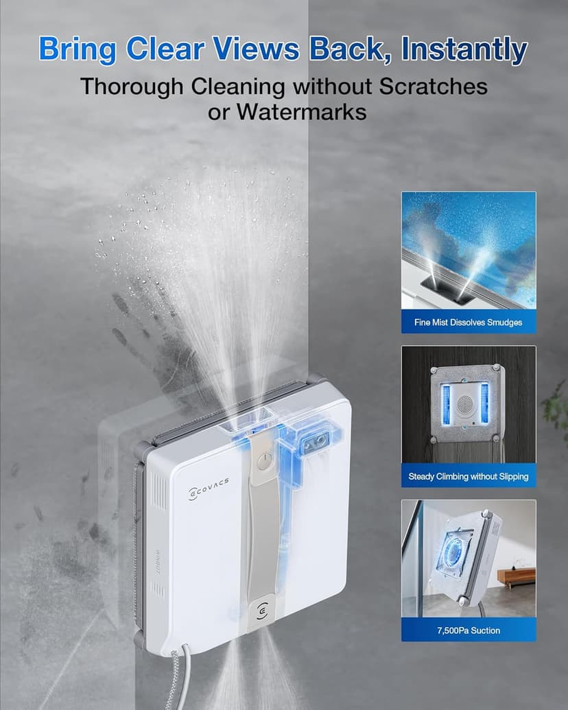 ECOVACS WINBOT Mini Window Cleaning Robot - Compact Design, Dual Nozzles with Ultrasonic Spray, 9-Stage Protection System, Intelligent Path Planning, 3 Cleaning Modes, Anti-Slipping System