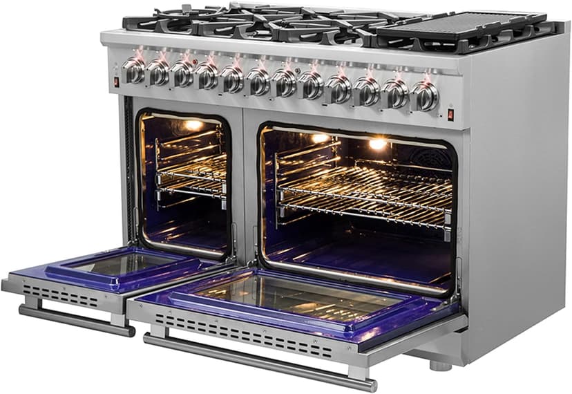 Forno Massimo 48" Freestanding Dual Fuel Range with 8 Sealed Burners 107,000 BTU, Wok Support & Griddle, 6.58 cu.ft. Oven - Modern Design Fuel Range with Pro-Style Handle and Zinc Coated Metal Knobs