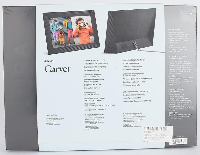 Aura Carver HD WiFi Digital Picture Frame, 10.1”, Add Photos with Aura App, Free Unlimited Storage - Wirecutter’s Pick for Best Digital Photo Frame 2022 - Gravel