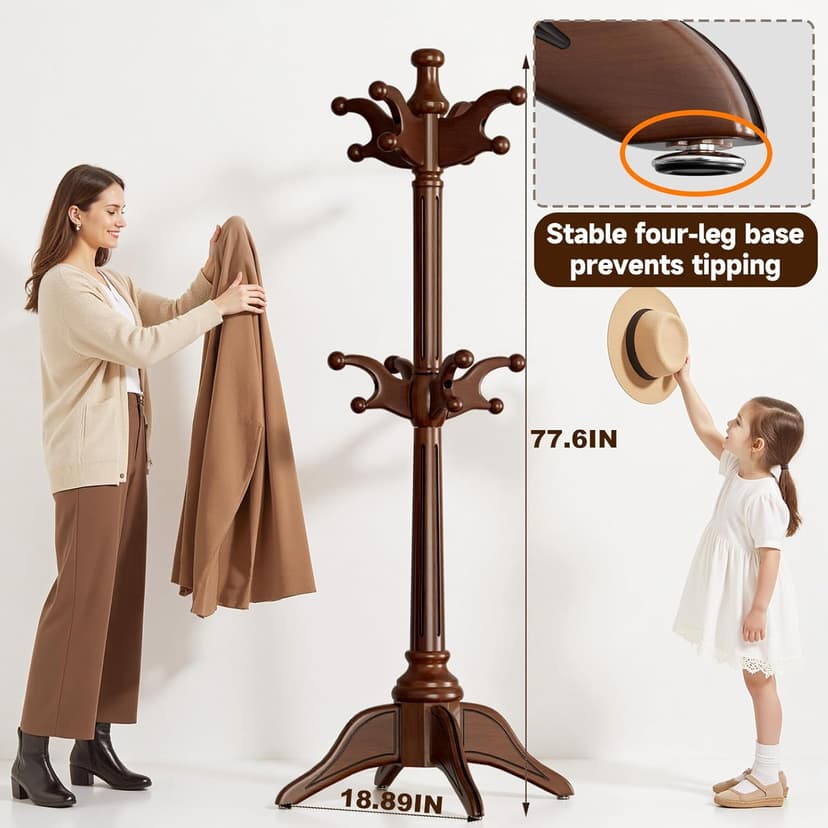 Solid Wood Rotary Coat Rack Freestanding, Heavy Duty Coat Hanger Stand with 2 layer Multi-direction Hooks, 360° Rotating Standing Coat Rack Tree for Entryway, Bedroom, Office, H: 77.6in (Walnut)