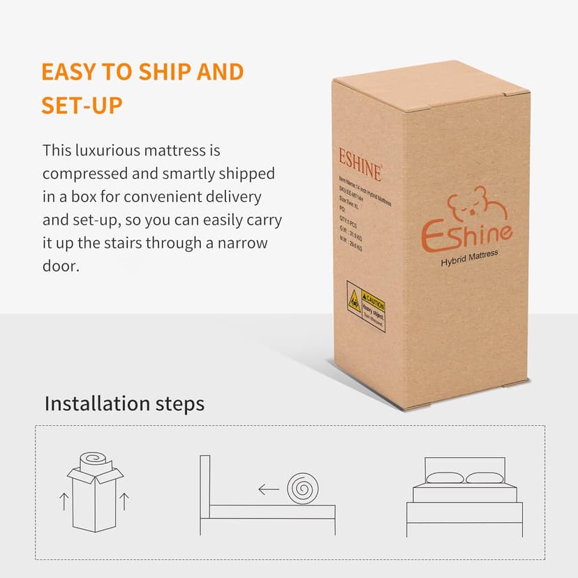 ESHINE 14" Hybrid Mattress King + Adjustable Bed Frame - Luxury Gel Memory Foam, Upholstered Bed Frames with Massage, USB, Under Bed Night Light, Head and Foot Incline, 3100 Series, King