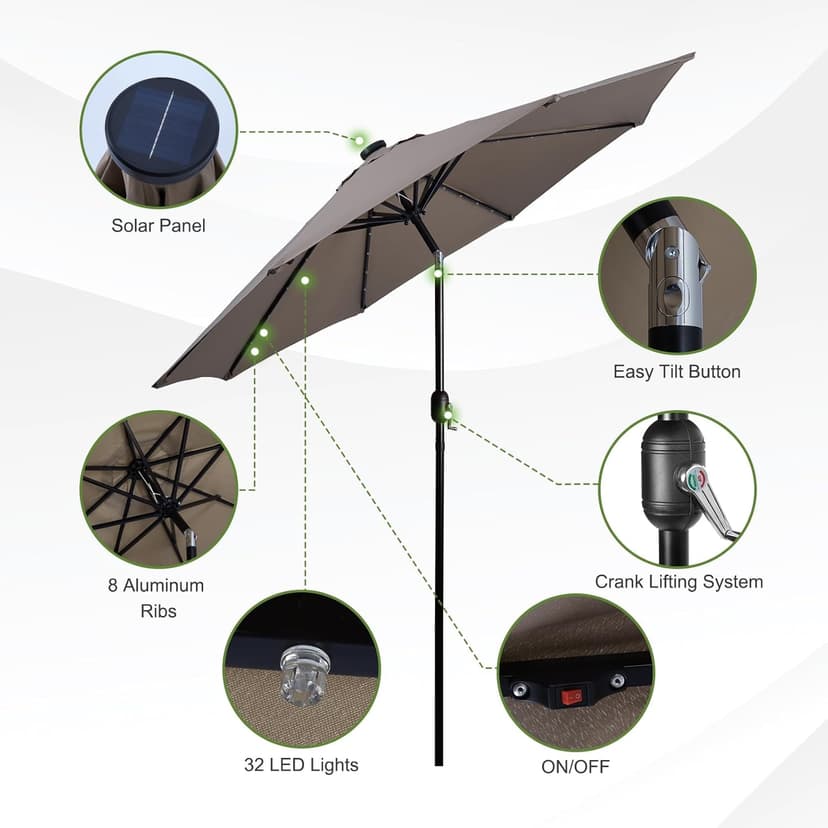 Backyard Expressions 9ft Solar Patio Umbrella with 32 LED Lights - Beige – Outdoor Market Umbrella with Tilt & Crank, Solar-Powered Lighting