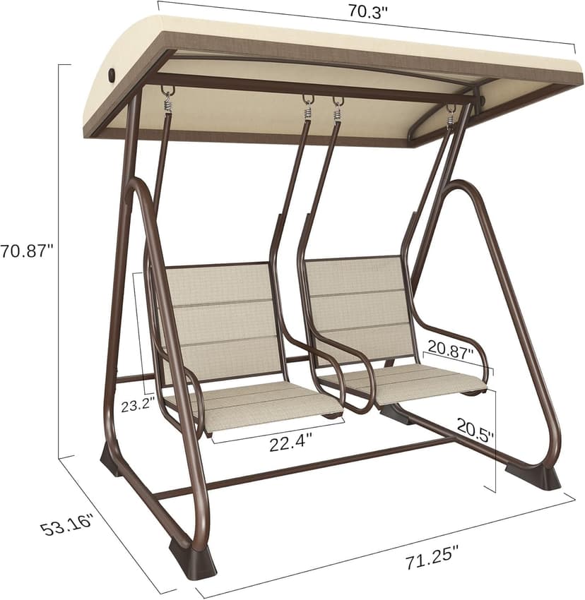 EAST OAK 2-Person Outdoor Porch Swing with Adjustable Canopy, Patio Swing Chair with Comfortable and Breathable Seats, Independent Swing Chairs for Garden, Balcony, Backyard, Chestnut Brown