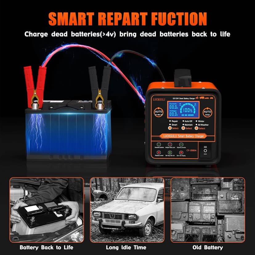 12V/24V Car Battery Chargers Heavy Duty, 0-20A Automatic Battery Maintainer with Auto Shutoffs, Repair, Winter Mode, Smart Trickle Charger for Automotive Car Truck Motorcycle RV AGM Deep Cycle