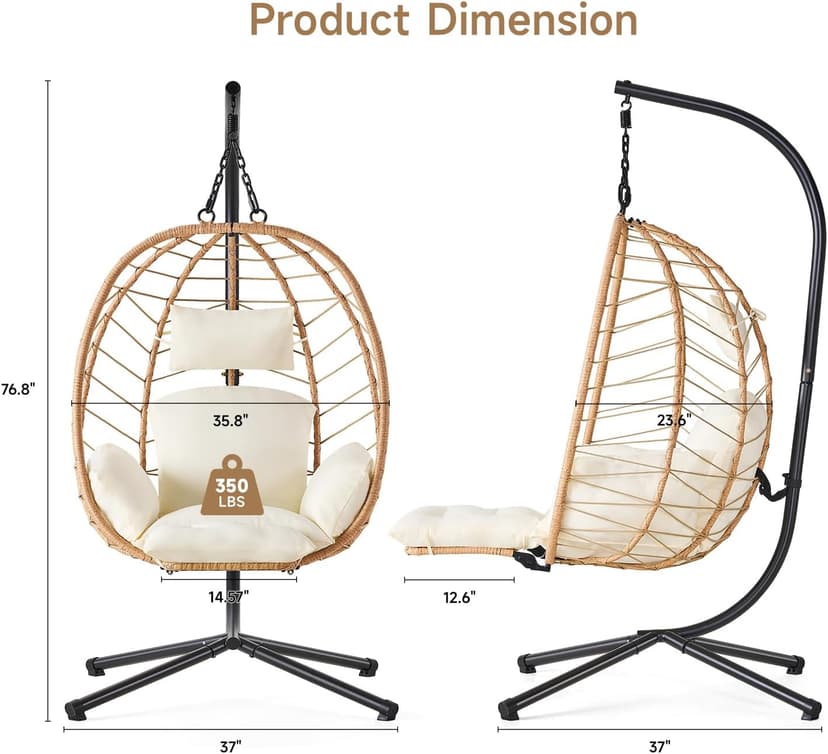 Hanging Egg Chair with Adjustable Footrest & Stand, Wicker Rattan Swing Hammock Chair with Cushion & Double Chains, 350LBS Capacity for Outdoor & Indoor Patio, Deck, Bedroom, Balcony (YE-BE)