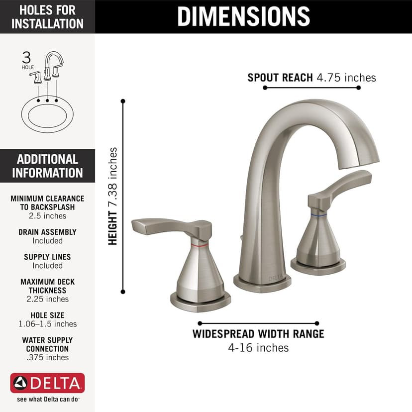 Delta Faucet Stryke Widespread Bathroom Faucet 3 Hole, Brushed Nickel Bathroom Sink Faucet, 2 Handle Bathroom Faucet, Bath Faucet, Metal Pop-Up Drain Assembly, Lumicoat Stainless 35775-SS-PR-MPU-DST