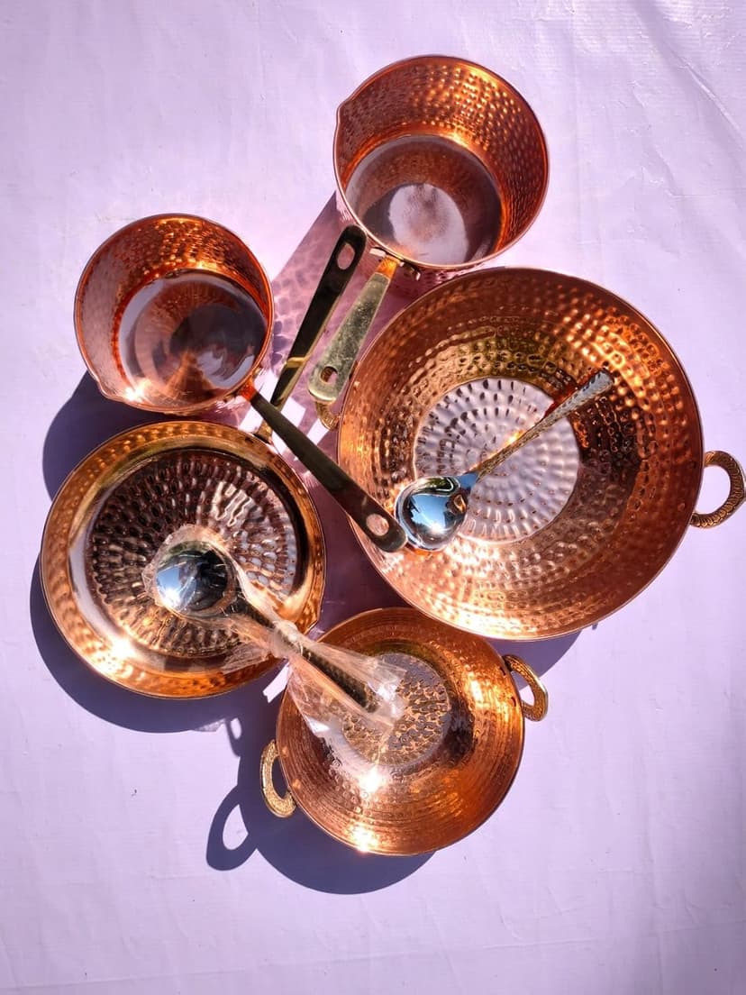 Pure Cookware 10 Piece Set with Serving Spoon (Sauce Pan | Copper Kadhai Set | Copper Fry Pan) with Brass Handle for Cooking Purpose